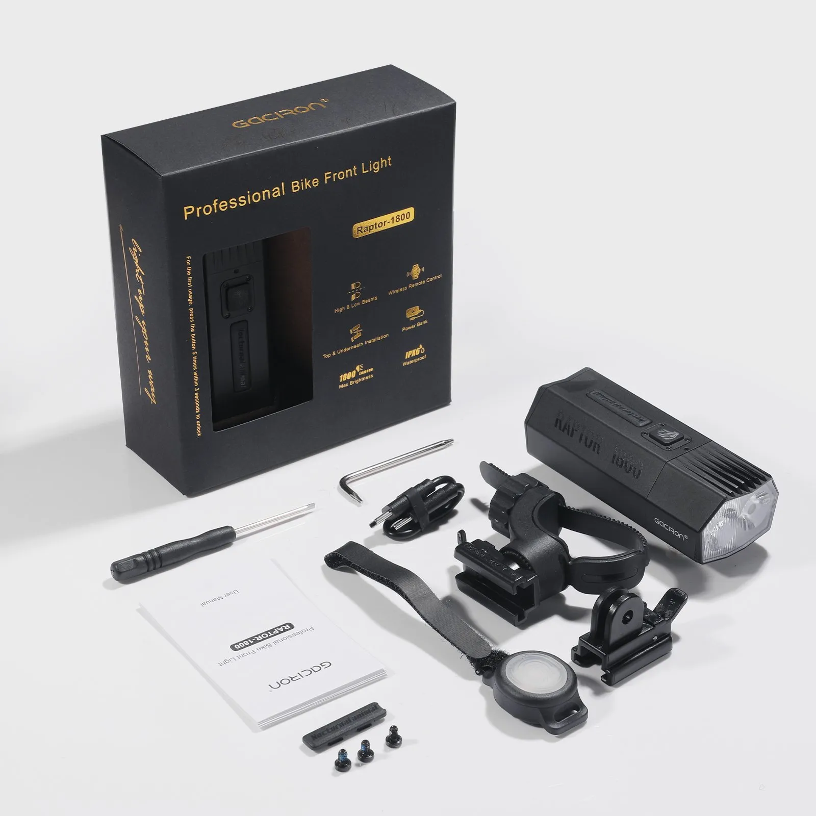 Велосипедный фонарь GACIRON Raptor-1800, черный