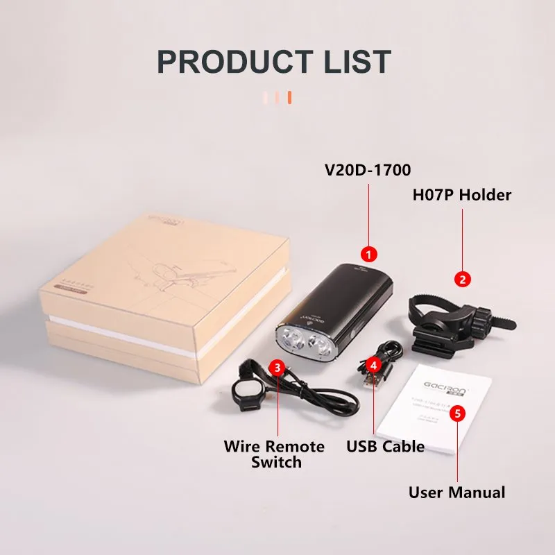 Велосипедный фонарь 2 в 1 GACIRON V20D-1700, передний/задний, черный