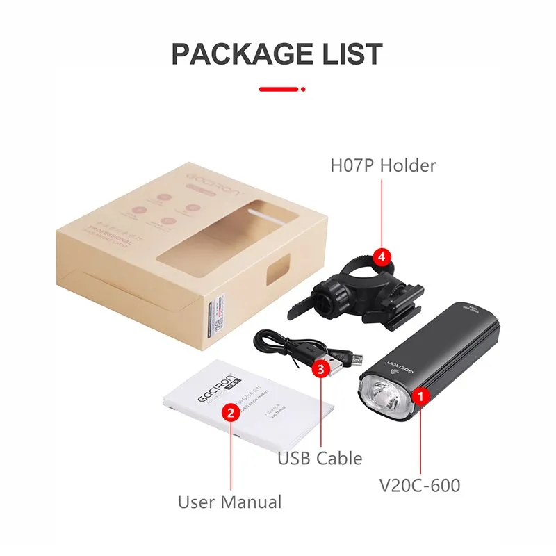 Велосипедный фонарь 2 в 1 GACIRON V20C-600, передний/задний, черный