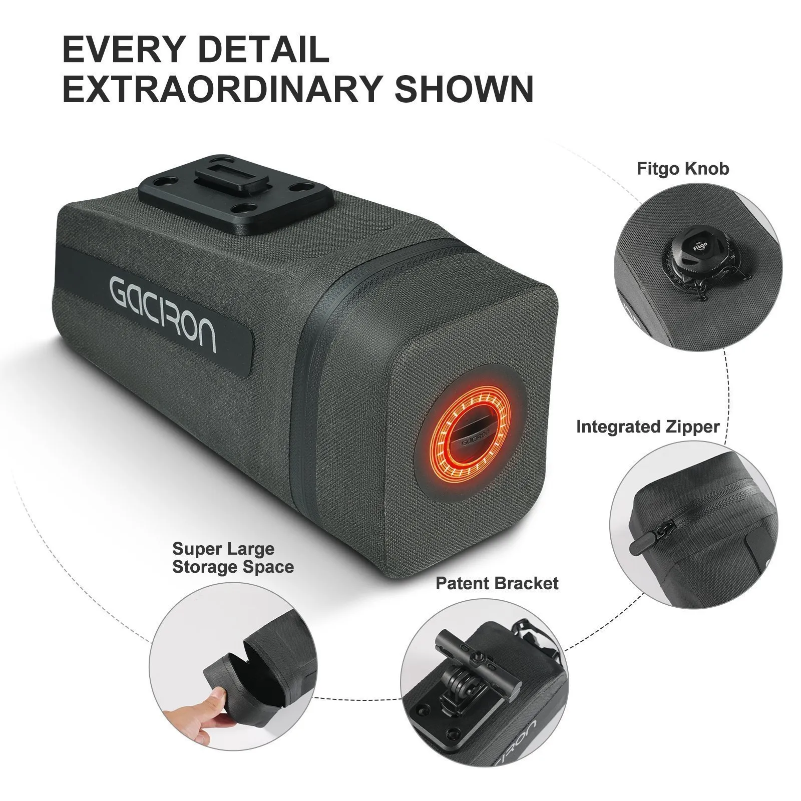 Велосумка подседельная с умным задним фонарем 2 в 1 GACIRON Birdnest-200, черный