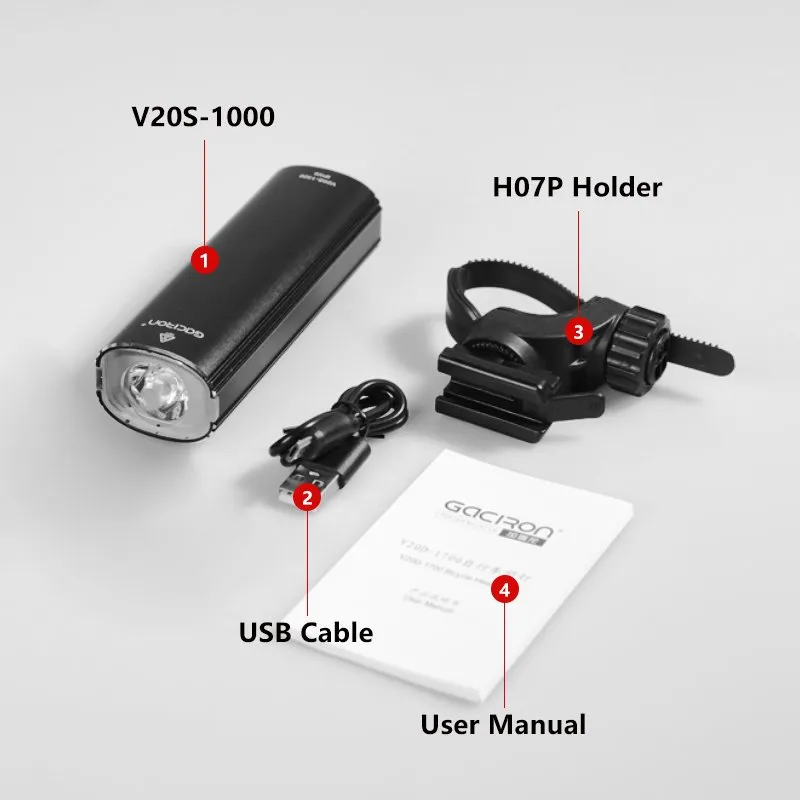 Велосипедный фонарь 2 в 1 GACIRON V20S-1000, передний/задний, черный