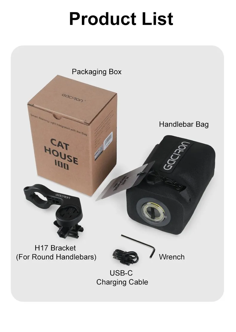 Передняя велосумка c умным фонарем 2 в 1 GACIRON Cathouse-100, крепление на руль, черный