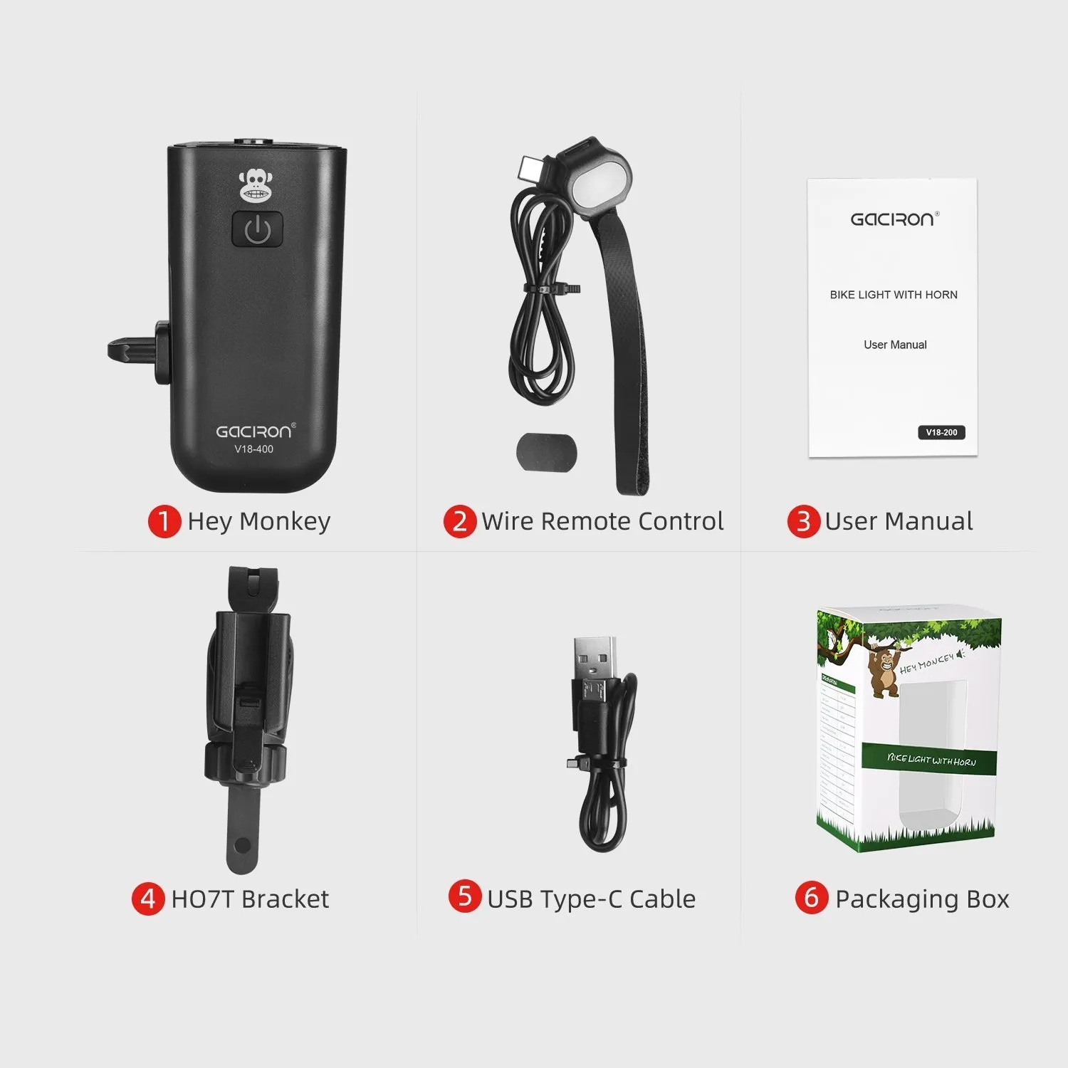 Велосипедный фонарь и гудок 2 в 1 GACIRON V18-400, черный